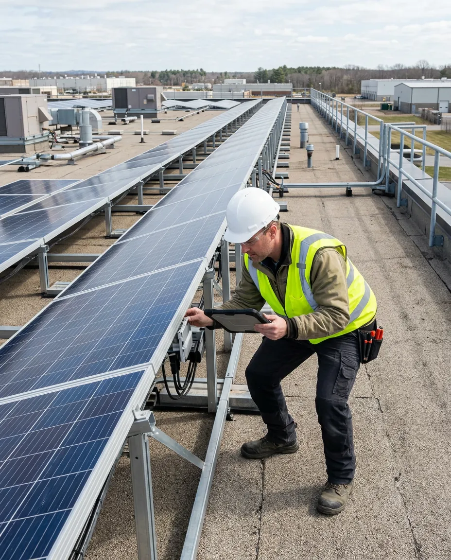 Ingeniero inspecciona una instalación fotovoltaica de autoconsumo en la cubierta de un edificio industrial
