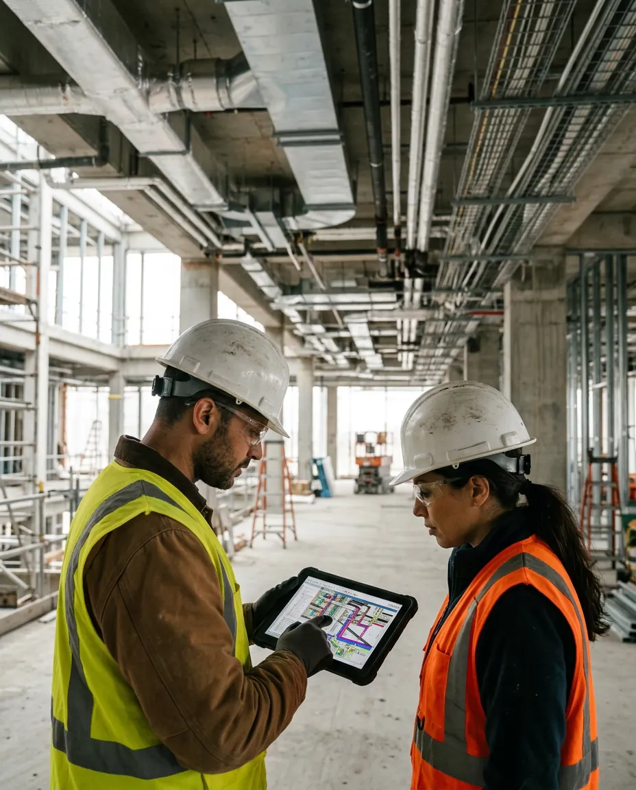 Dos ingenieros con casco revisan los planos de las instalaciones en una tablet dentro de un edificio en obra