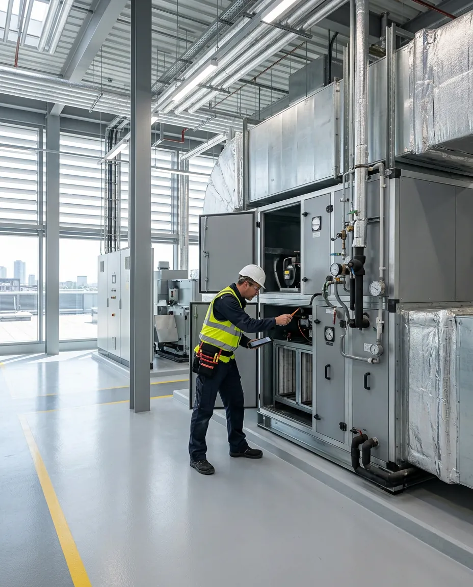 Técnico de mantenimiento revisa un climatizador en una sala de máquinas