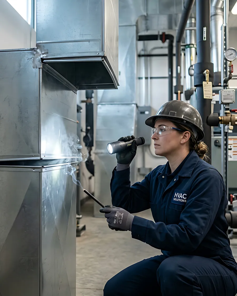 Técnico de climatización revisando conductos en una sala de máquinas