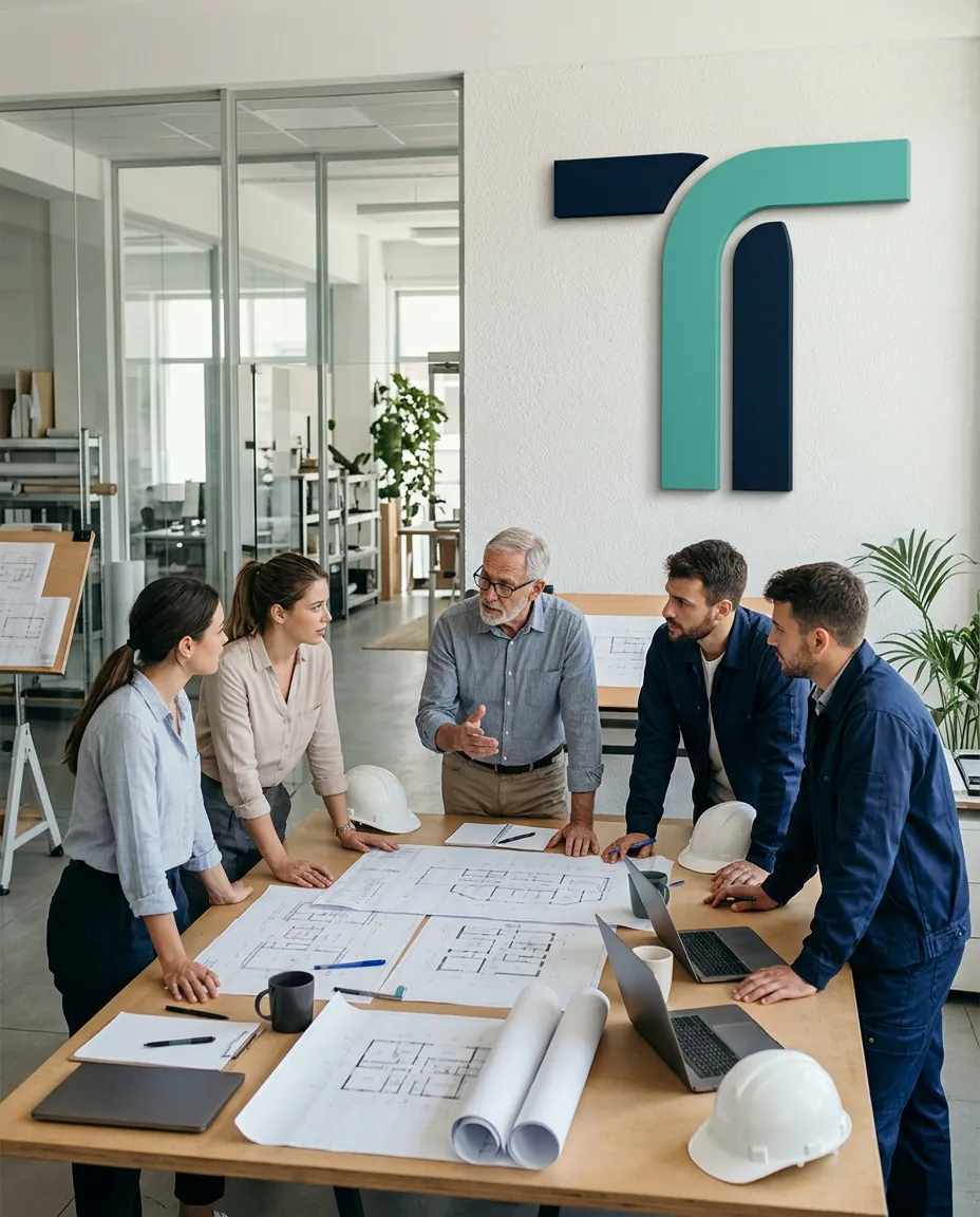 Equipo de ingenieros, arquitectos y técnicos de Tempus revisando planos en la oficina, con la T del logotipo en la pared