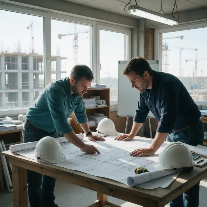Dos ingenieros revisan los planos de una instalación de climatización en la oficina de obra
