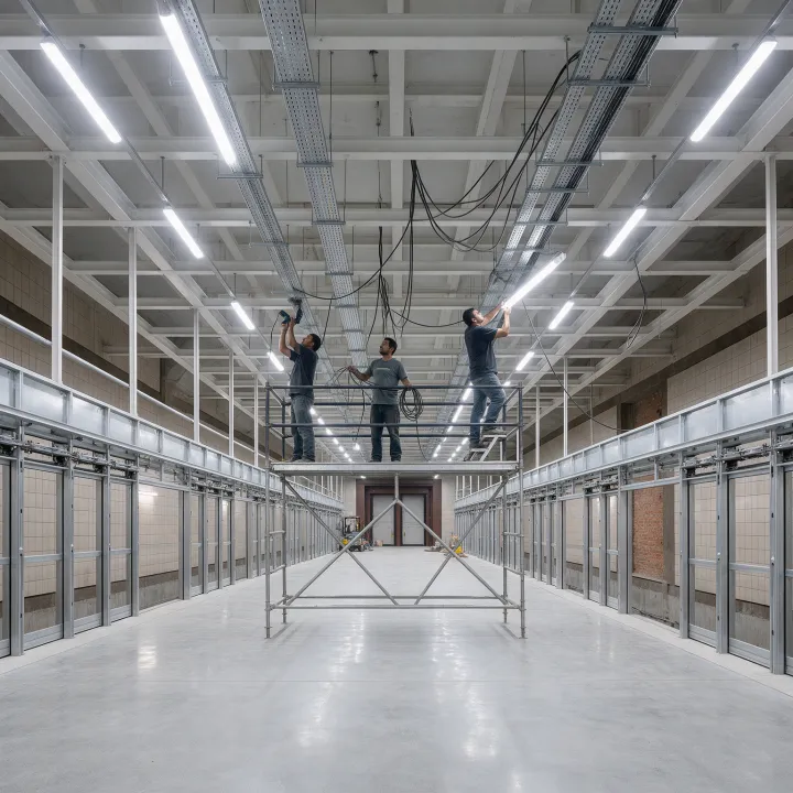 Electricistas instalan la iluminación de un andén de metro en construcción