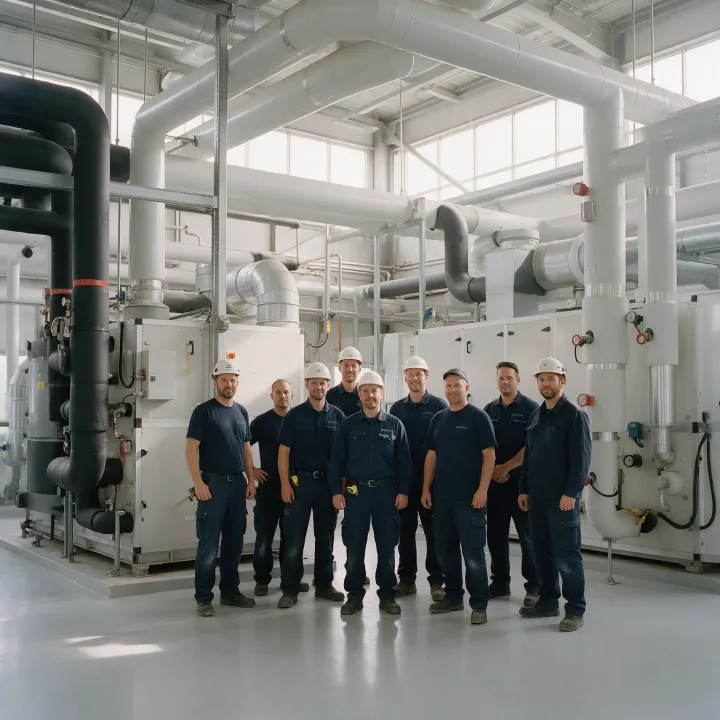 Equipo de técnicos e ingenieros en una sala de máquinas con climatizadores y tuberías aisladas