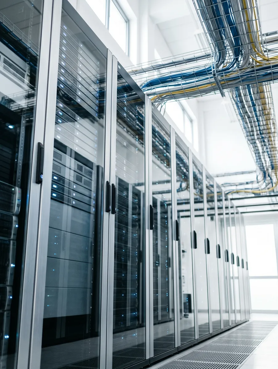 Pasillo de un centro de datos con armarios de servidores y bandejas de cableado