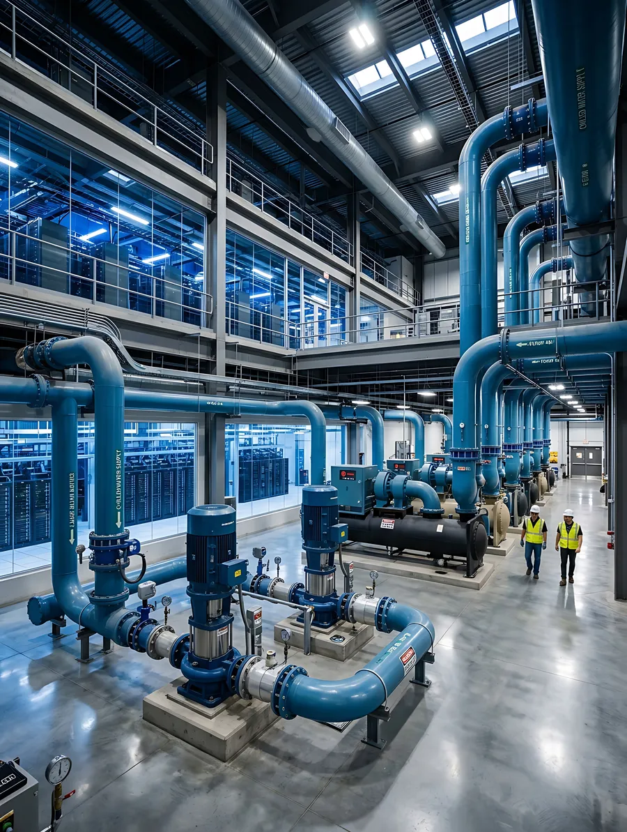 Ingenieros recorriendo una planta de refrigeración industrial con bombas y tuberías