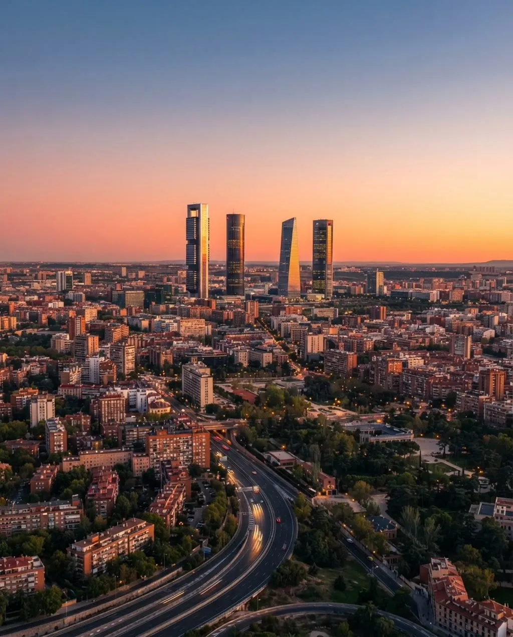 Skyline de Madrid con las cuatro torres al atardecer