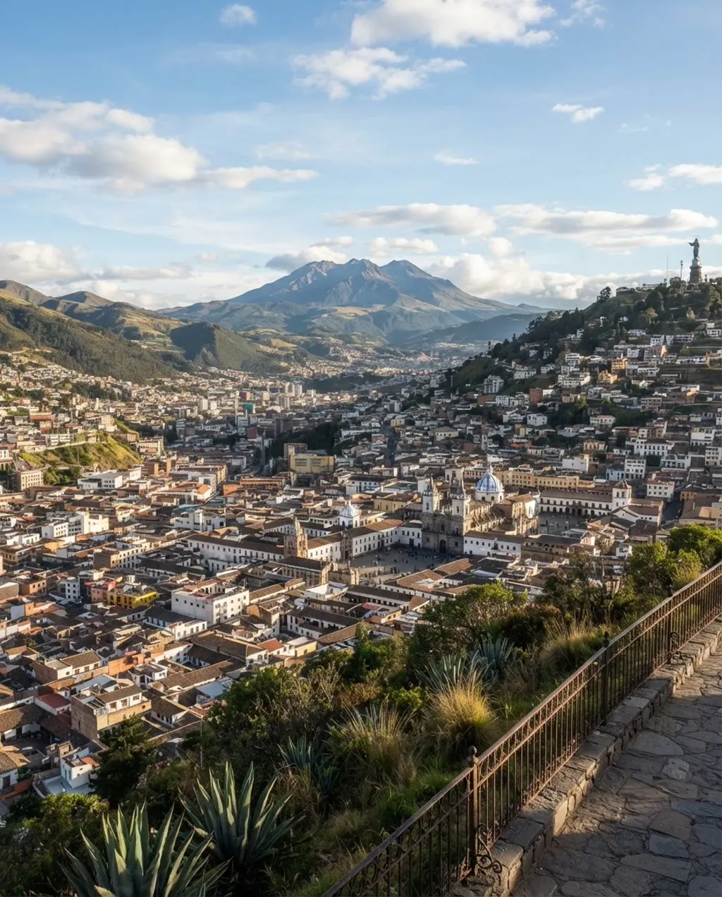 Quito extendido en el valle con el volcán Pichincha al fondo