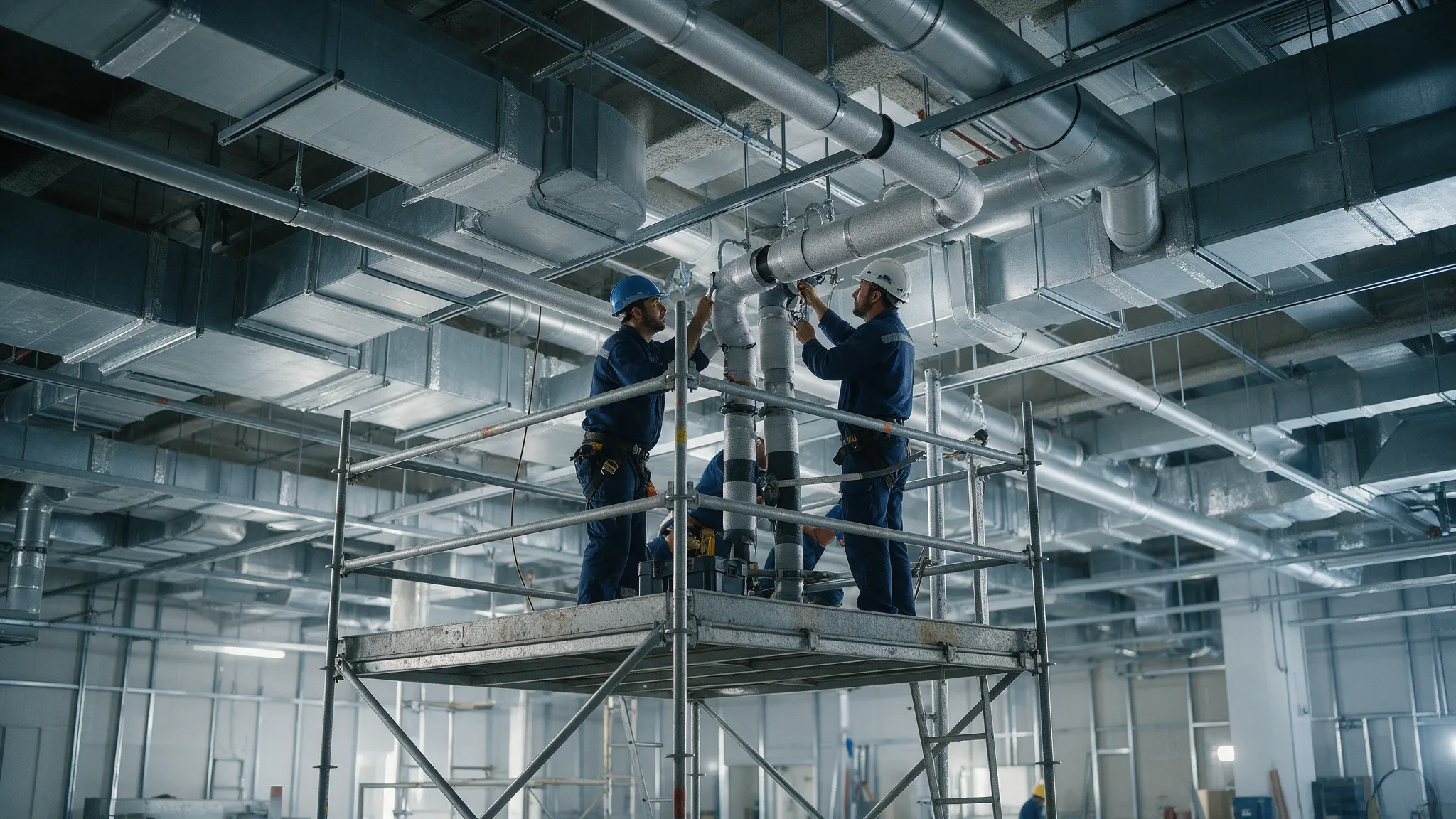 Técnicos montando tuberías y conductos en una sala técnica